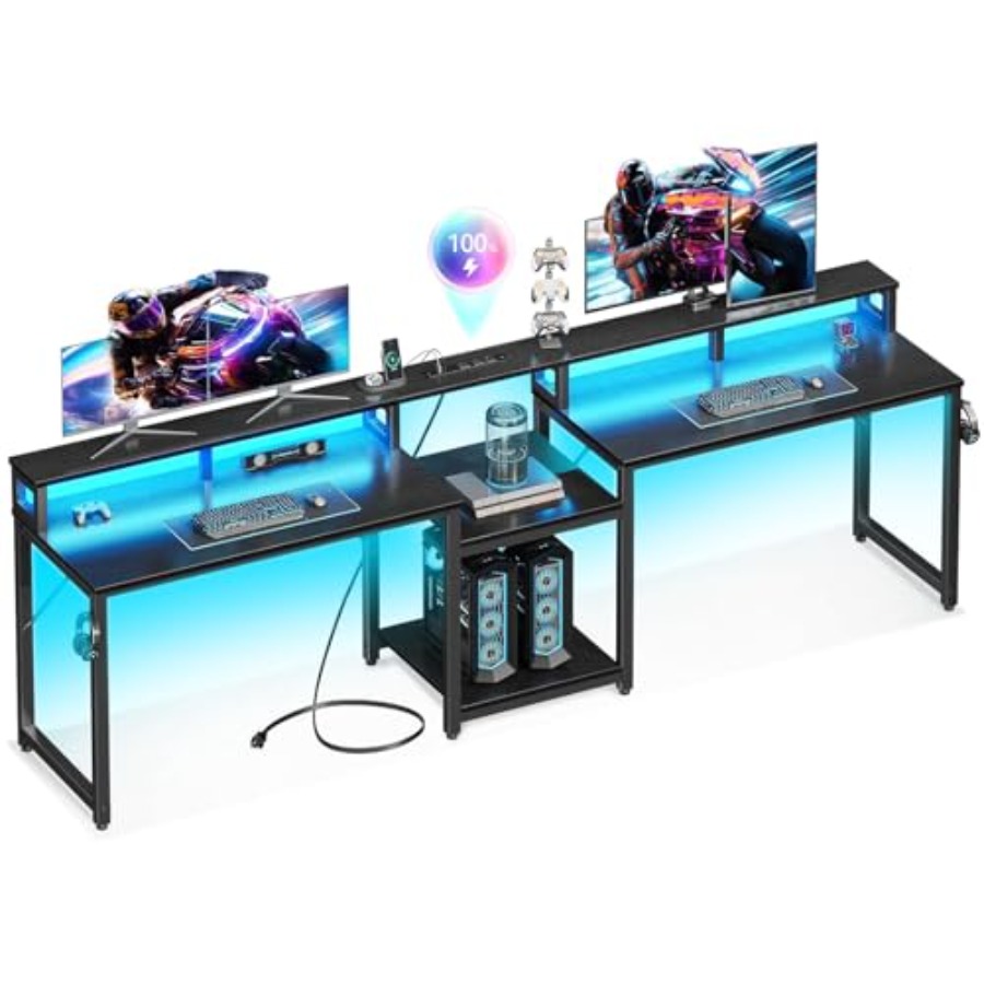 Desk Setup Dual Monitor - 2人用ゲーミングデスク、長さ98インチ、LEDライト付き、人工木材製、ブラック、ケーブル管理機能を備えた広々としたデュアルモニター設置スペース