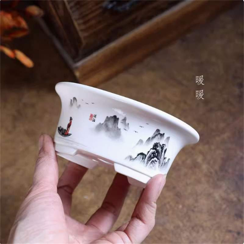 Plant Pot Small Desk - 磁器白楕円形盆栽ポット、ミニポット、ラウンド、小さな花瓶、寮の植栽、デスクテーブル、庭の装飾