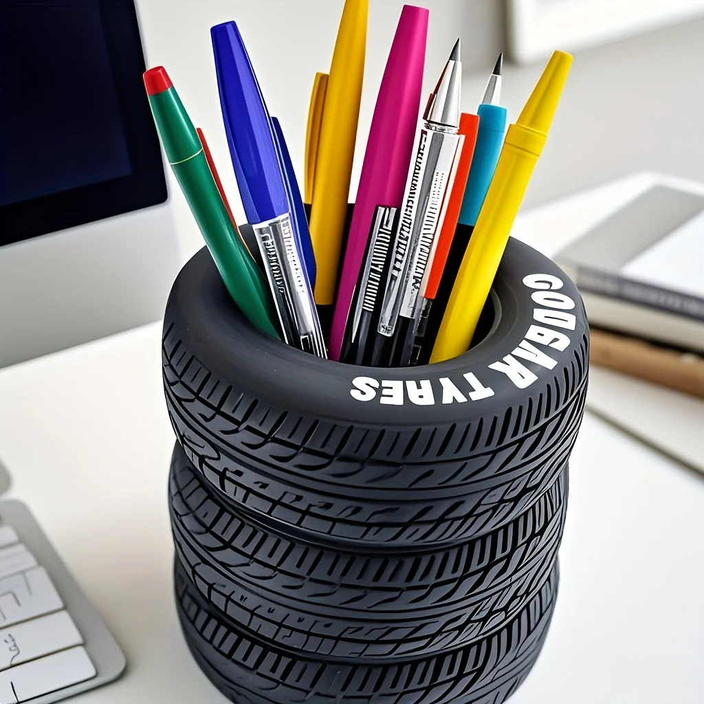 Desk Setup Accessories Aesthetic - 1個の楽しいタイヤ型ペンホルダー - PVCデスクオーガナイザー、学校やオフィス用品に最適、塗装仕上げ、オフィス用品