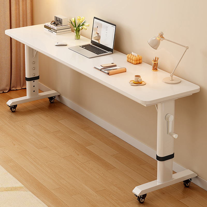 Desk Setup Maker - 調節可能なオーバーベッドラップトップデスク、ハンドクランク付き、寝室用家具用の車輪付き無垢材ローリングコンピューターテーブル