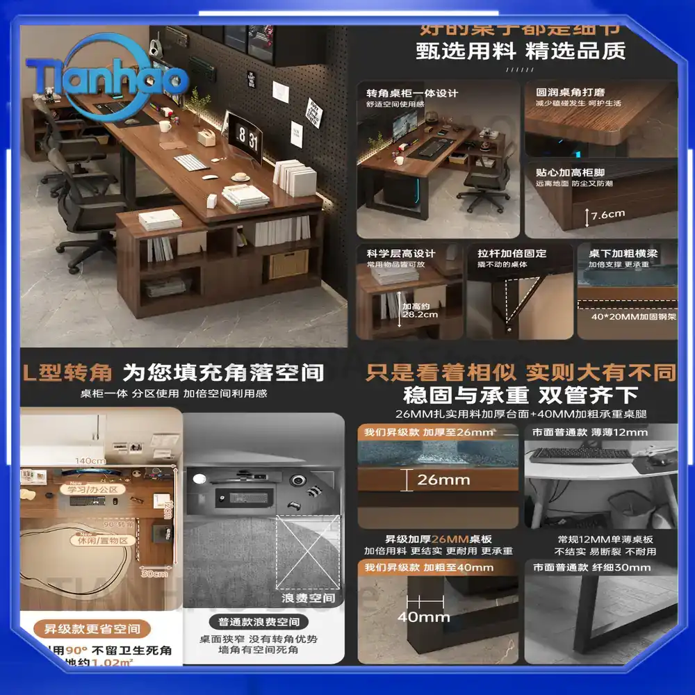 Desk Setup Dual Monitor - L字型ゲーミングデスク、デュアルモニター対応、本棚付き、ホームオフィスワークステーション兼用、2人用コーナーデスク