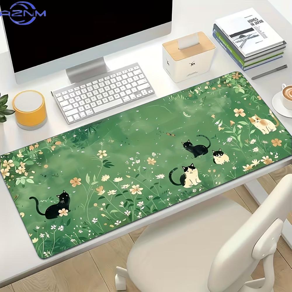 Desk Setup For Work - 花柄猫デザインの大型ゲーミングマウスパッド、滑り止めゴム付き拡張デスクマット、オフィスやノートパソコン作業用、かわいい猫のテーマ