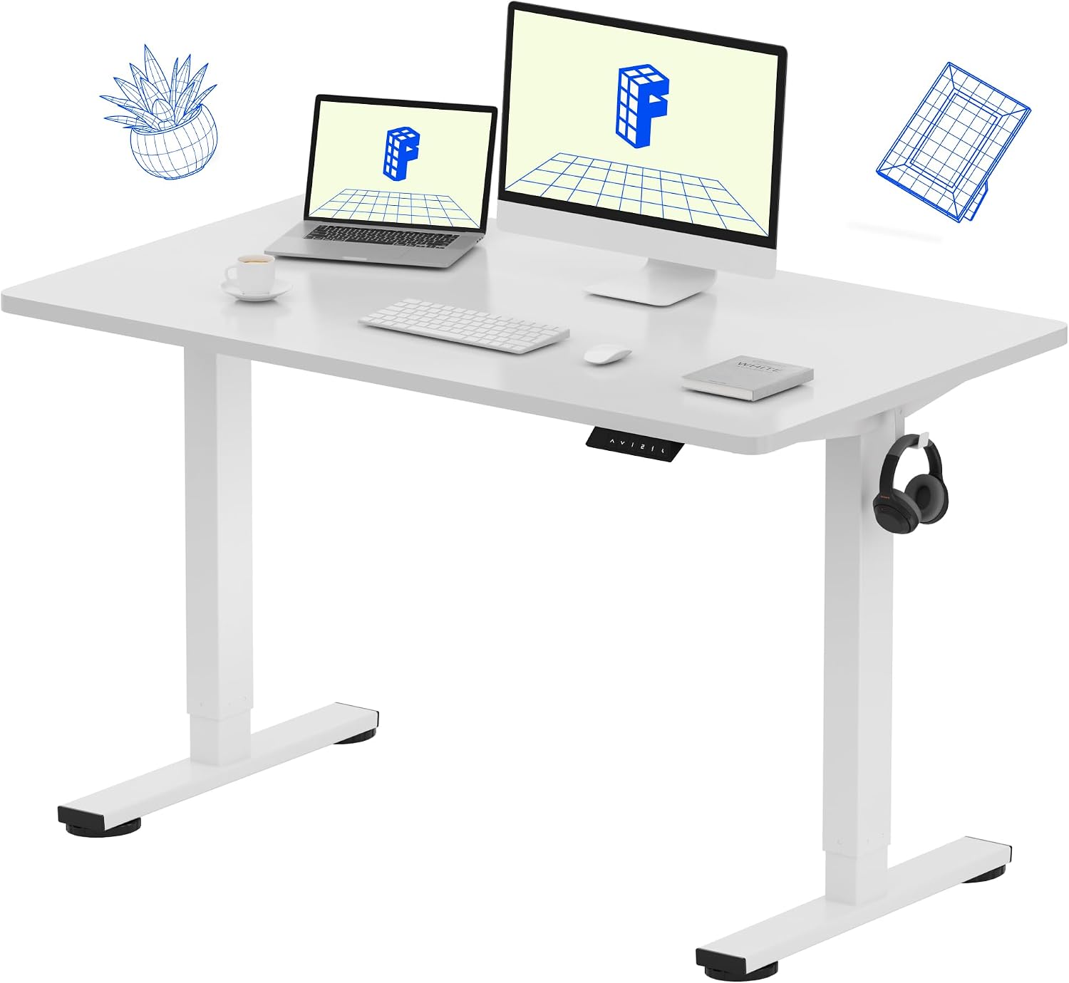 Desk Setup Dual Monitor - スタンディングデスク 48インチ 24インチ ワンピース ホワイト ホームオフィス