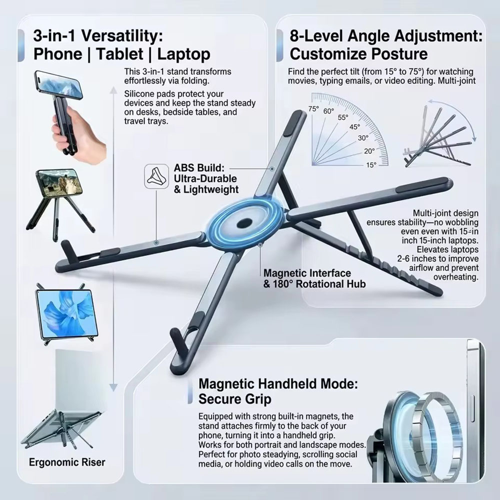 Desk Setup Stand - 携帯電話用マグネット式ホルダー＆自撮り棒 3-in-1 折りたたみ式三脚スタンド iPhone、iPad、タブレット、ノートパソコン、デスクトップ用