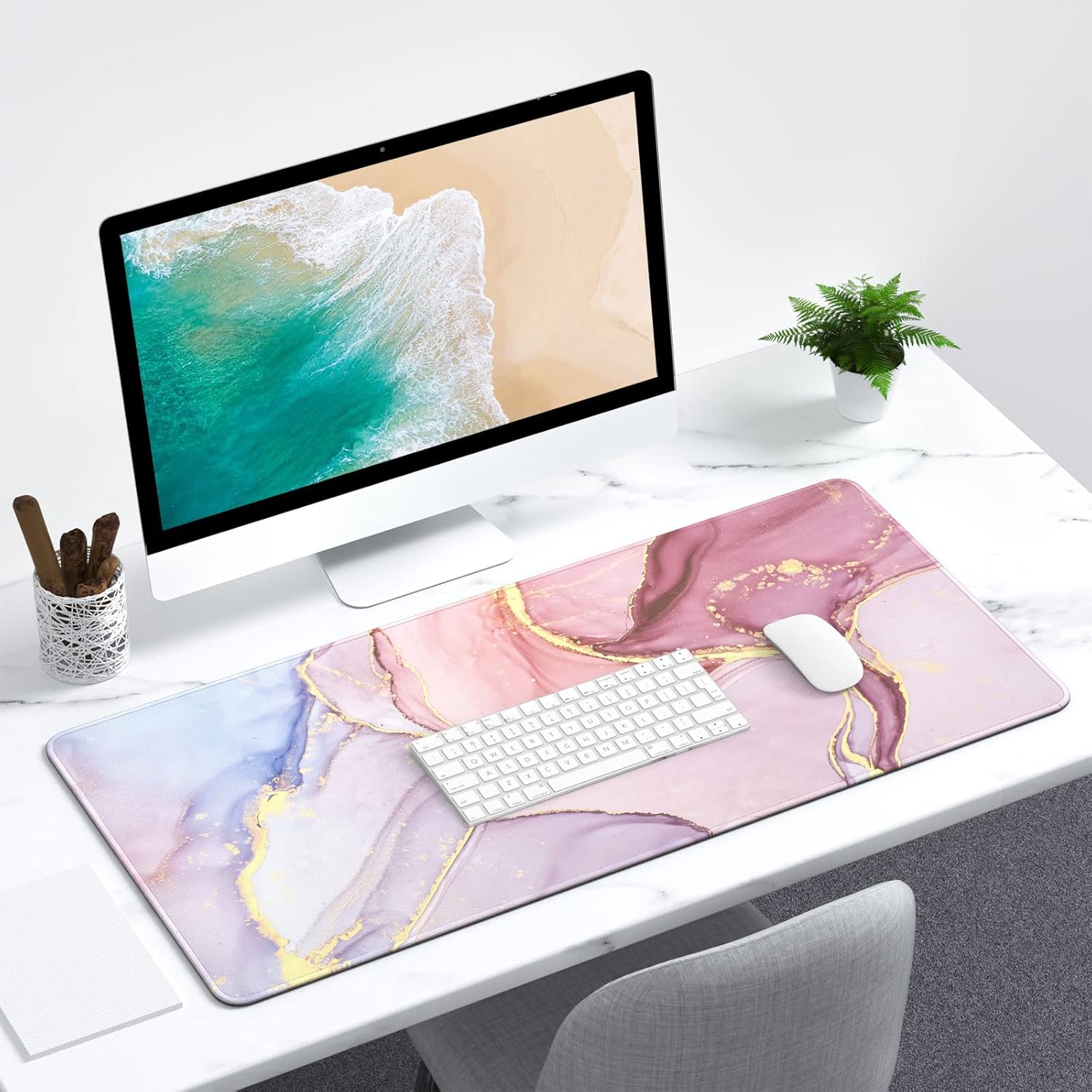 Desk Pad Leather Large - 大型マウスパッド、かわいいピンクのデスクマット、女性、女の子向けPUレザー防水ゲーミング、学校、オフィス、家庭用ライティングパッド