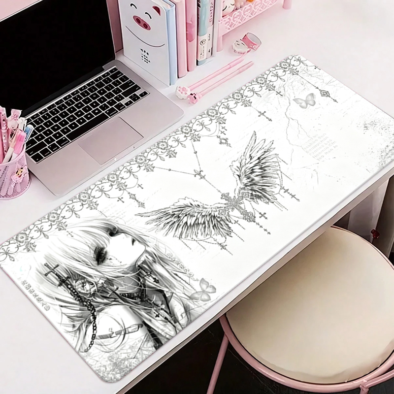 Desk Setup Ergonomic - レザーマウスパッド黒白アニメ美学エンジェルガールマウスパッドオフィスアクセサリーPCゲームキーボードEスポーツHDデスクマット