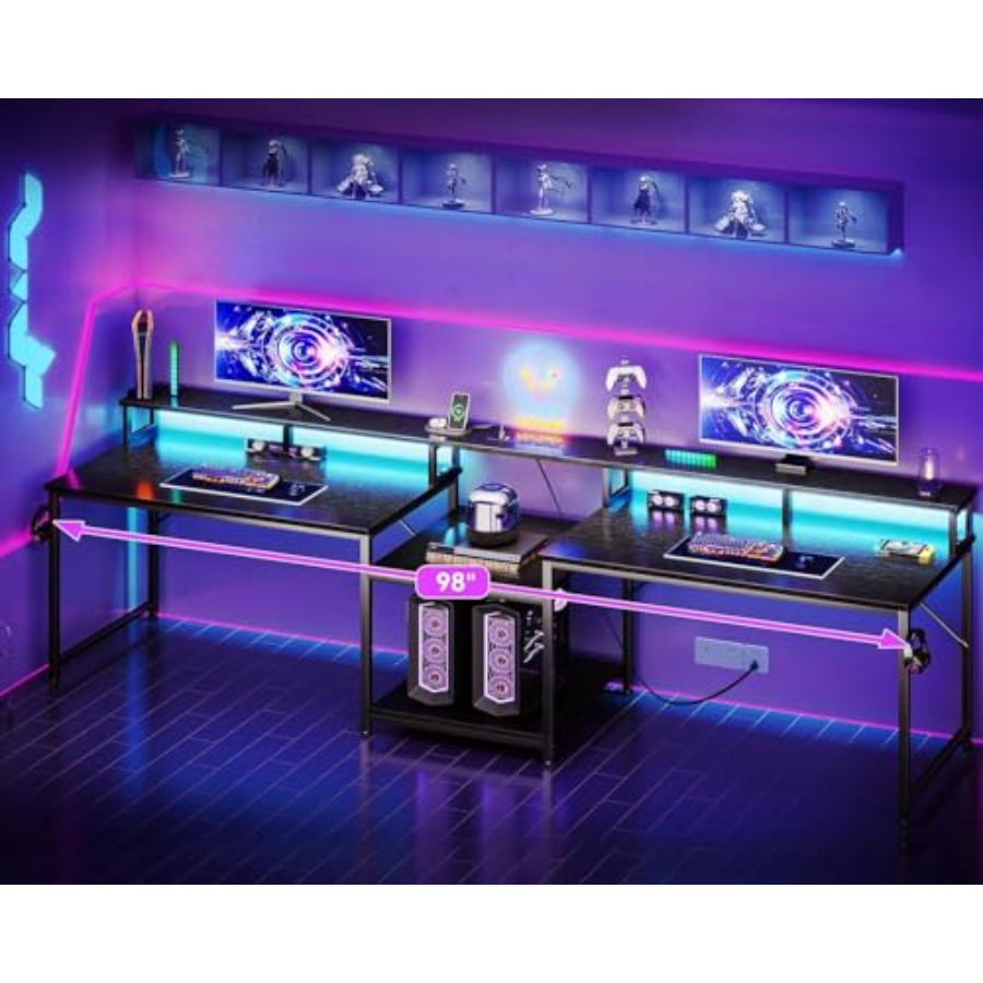 2人用ゲーミングデスク、長さ98インチ、LEDライト付き、人 - Desk Setup Dual Monitor のレビューと価格