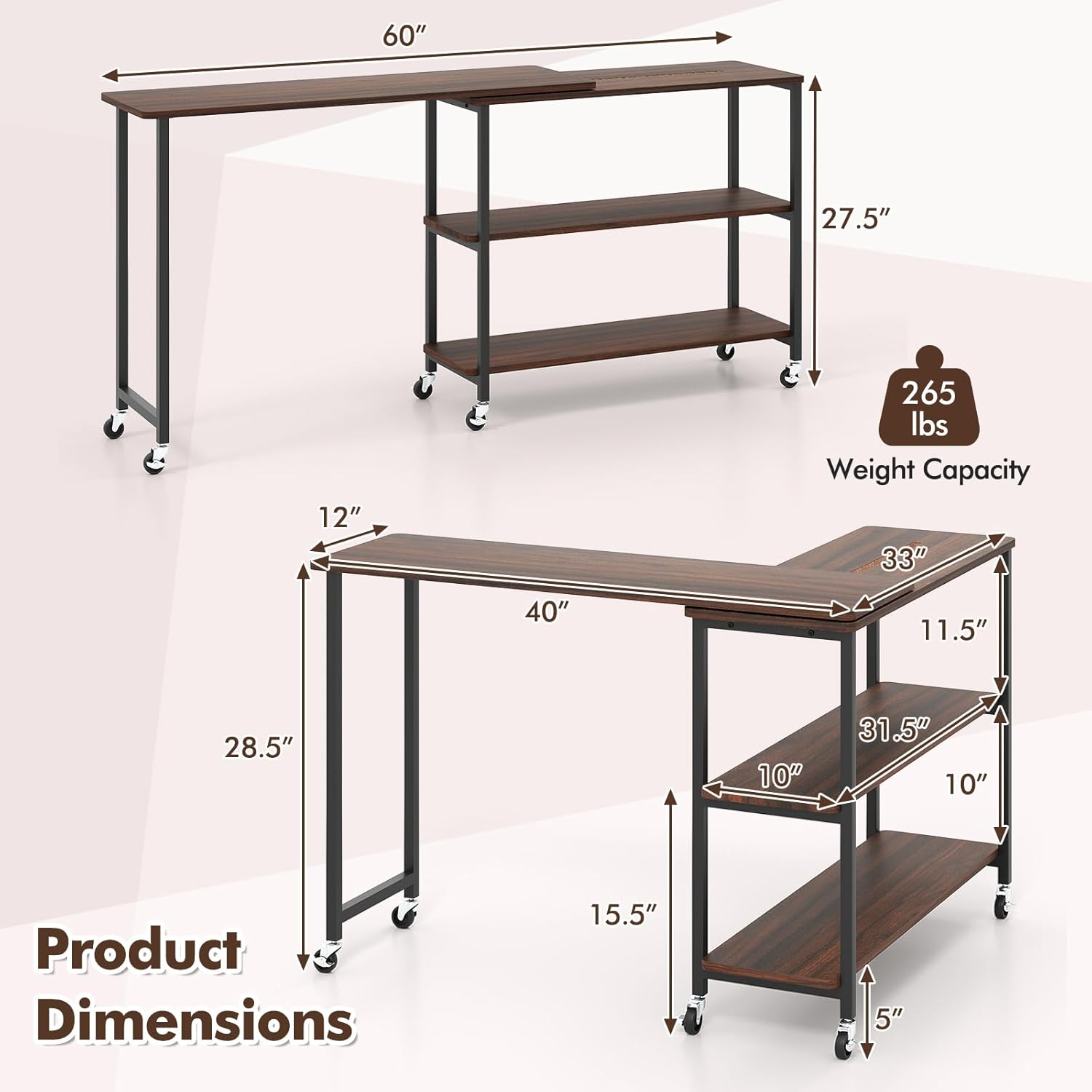 360 °   回転式サイドテーブル、2段棚と6つのキャスタ - Desk Setup Maker のレビューと価格