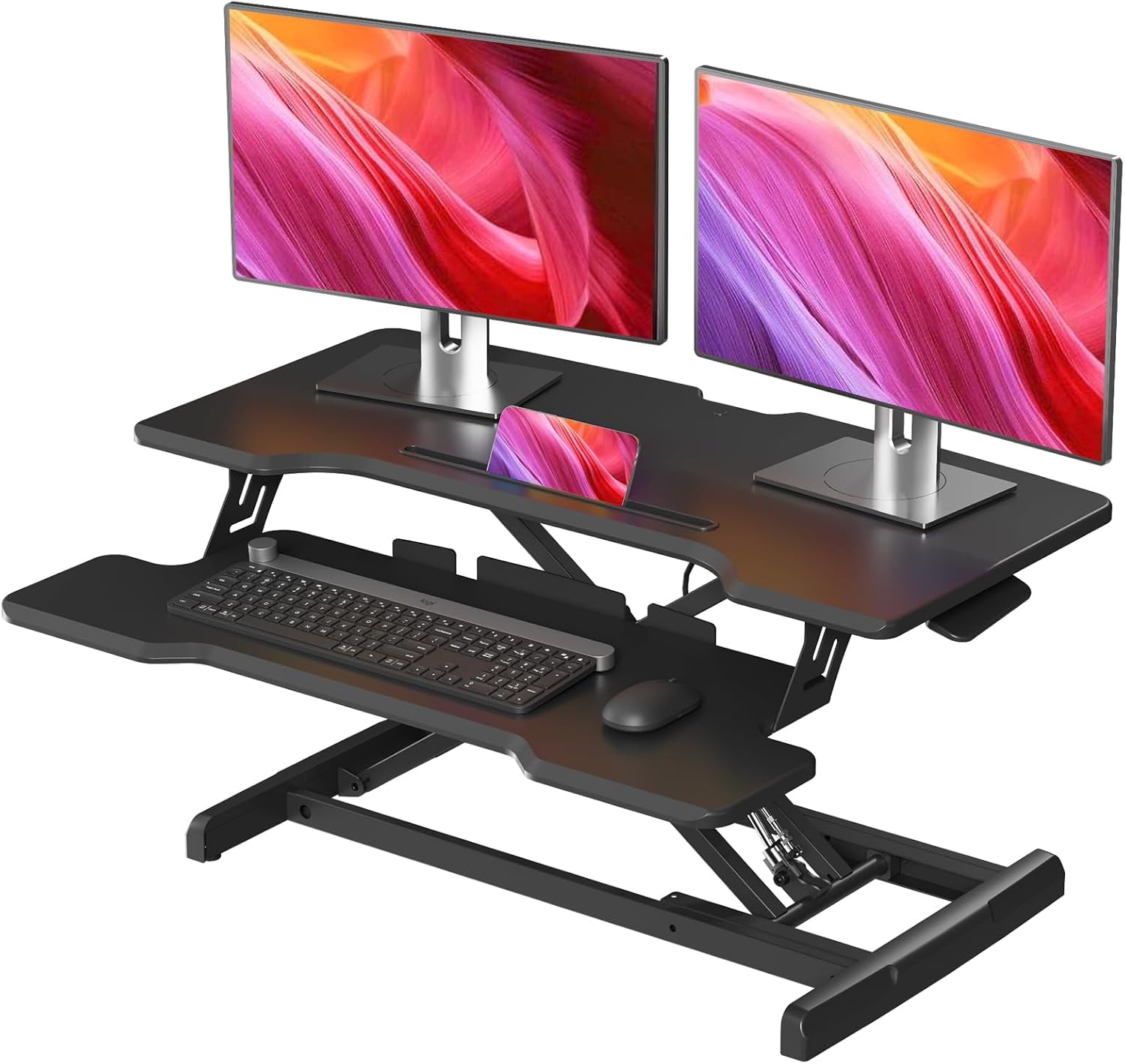 スタンディングデスクコンバーター、高さ調整可能なシットトゥス - Desk Setup Dual Monitor のレビューと価格