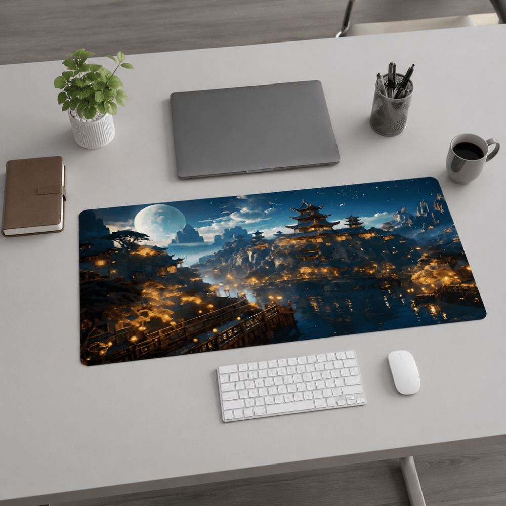 オリジナルのファンタジーな夜の街の月プリントの細長いテーブル - Desk Setup For Work のレビューと価格