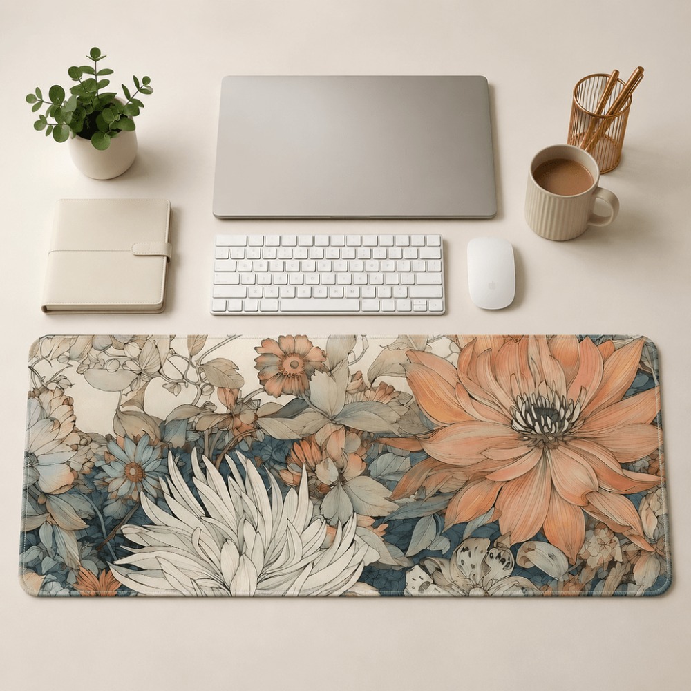 レトロな花柄のテーブルマット、植物や花のプリントが特徴で、女 - Desk Setup For Work のレビューと価格