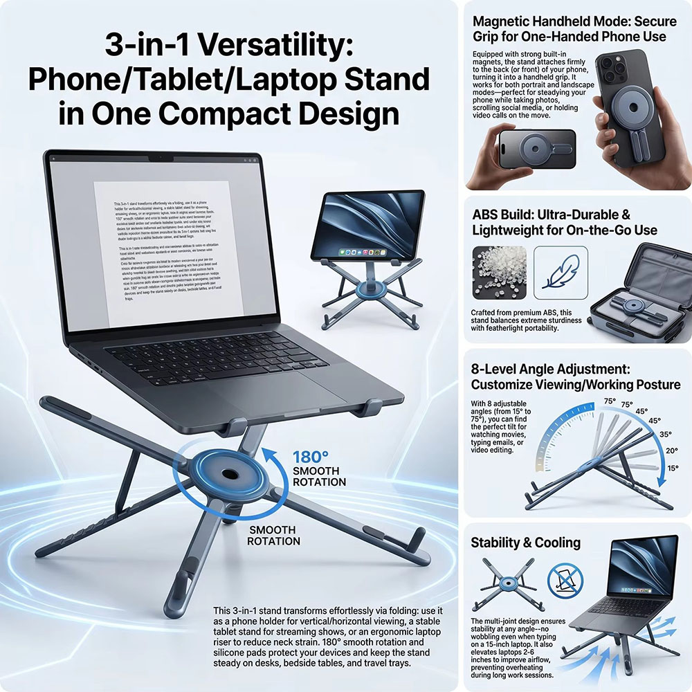 携帯電話用マグネット式ホルダー＆自撮り棒 3-in-1 折り - Desk Setup Stand のレビューと価格